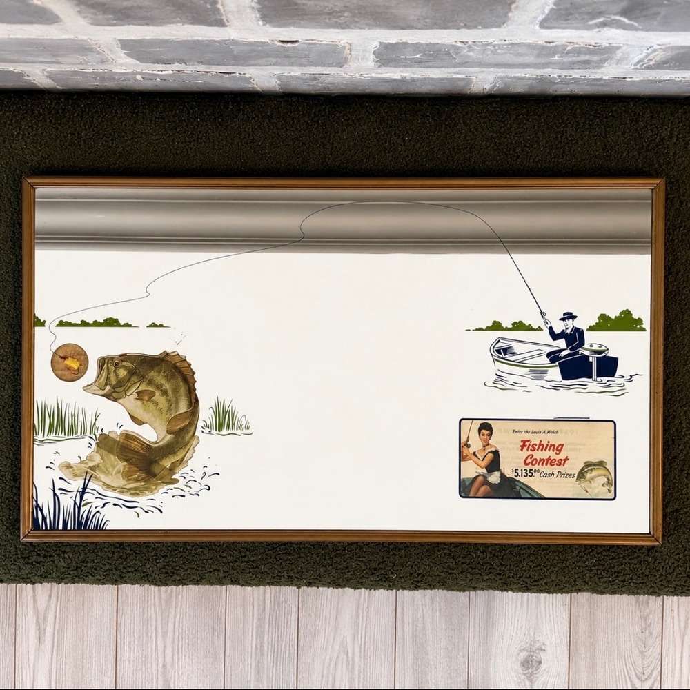 VTG 1954 Louis A. Wehle Fishing Contest Prize Mirror Bass Pinup Art 22x12 RARE